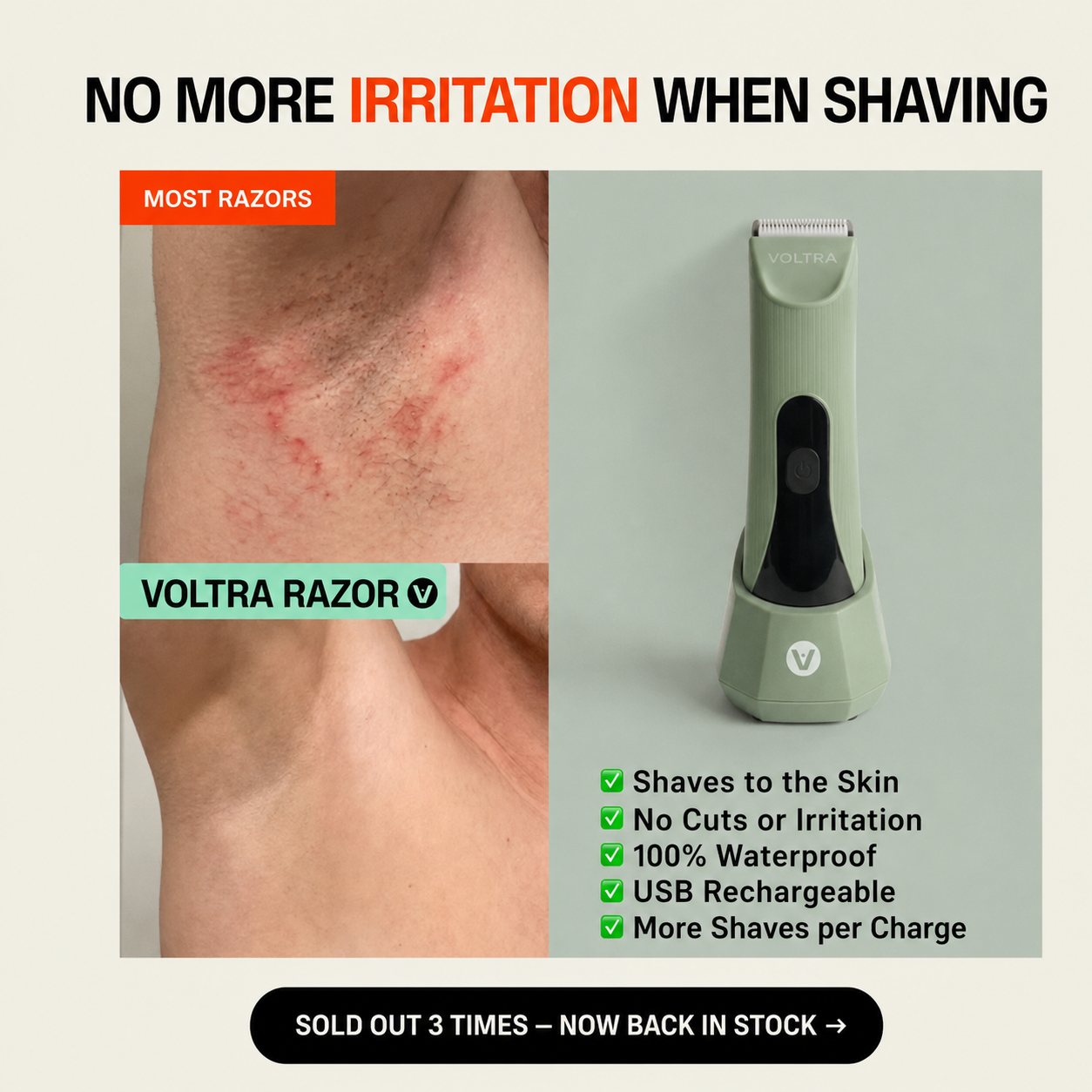 Voltra Razor® | No-Cut Waterproof Body Shaver IPX7 (Sensitive Areas)
